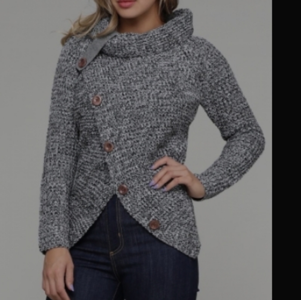 Heather Gray Buttoned Wrap Turtleneck Sweater - Picture 3 of 8